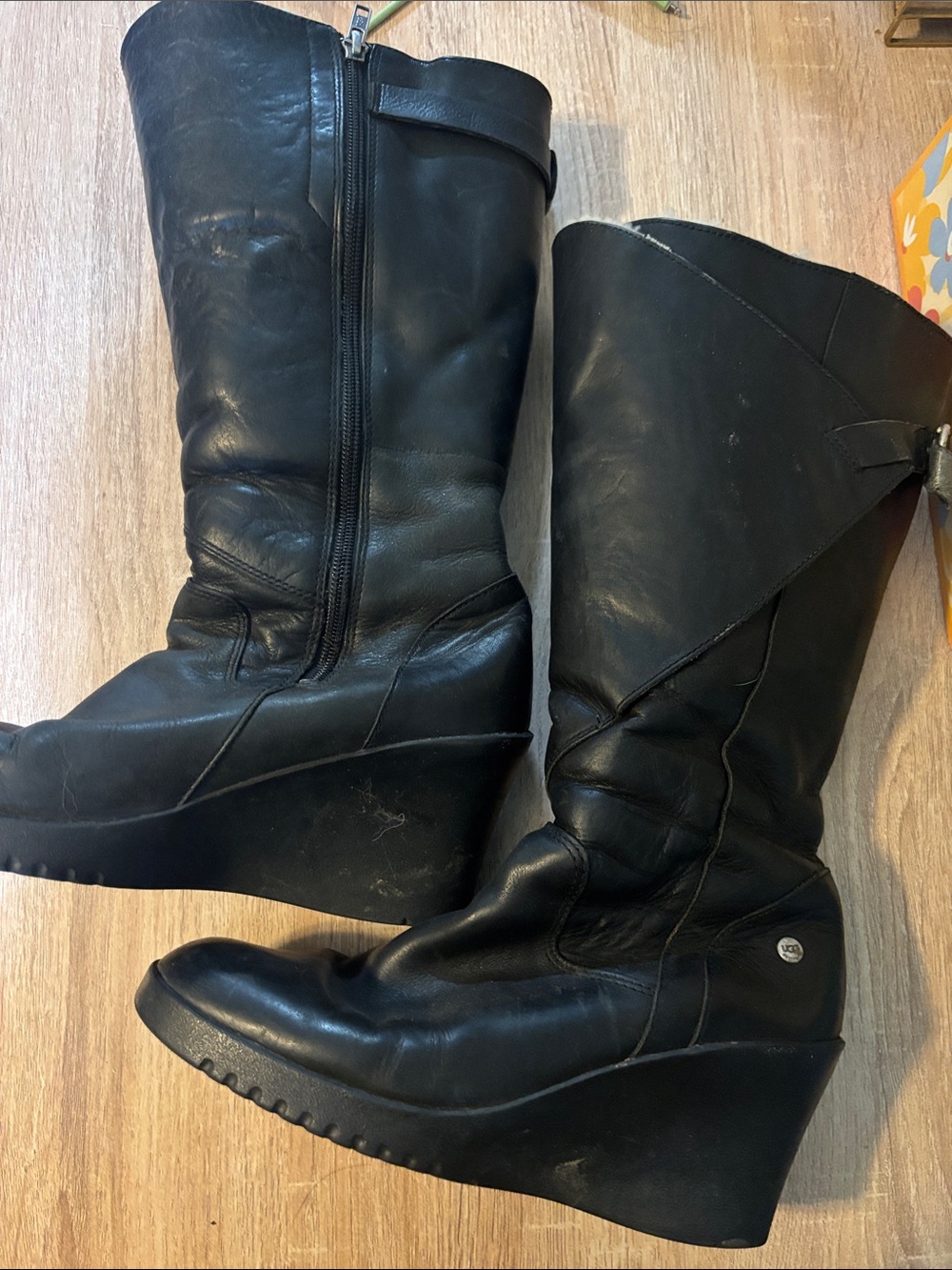 UGG Black Leather Wedge Knee-High Boots with Side Zipper